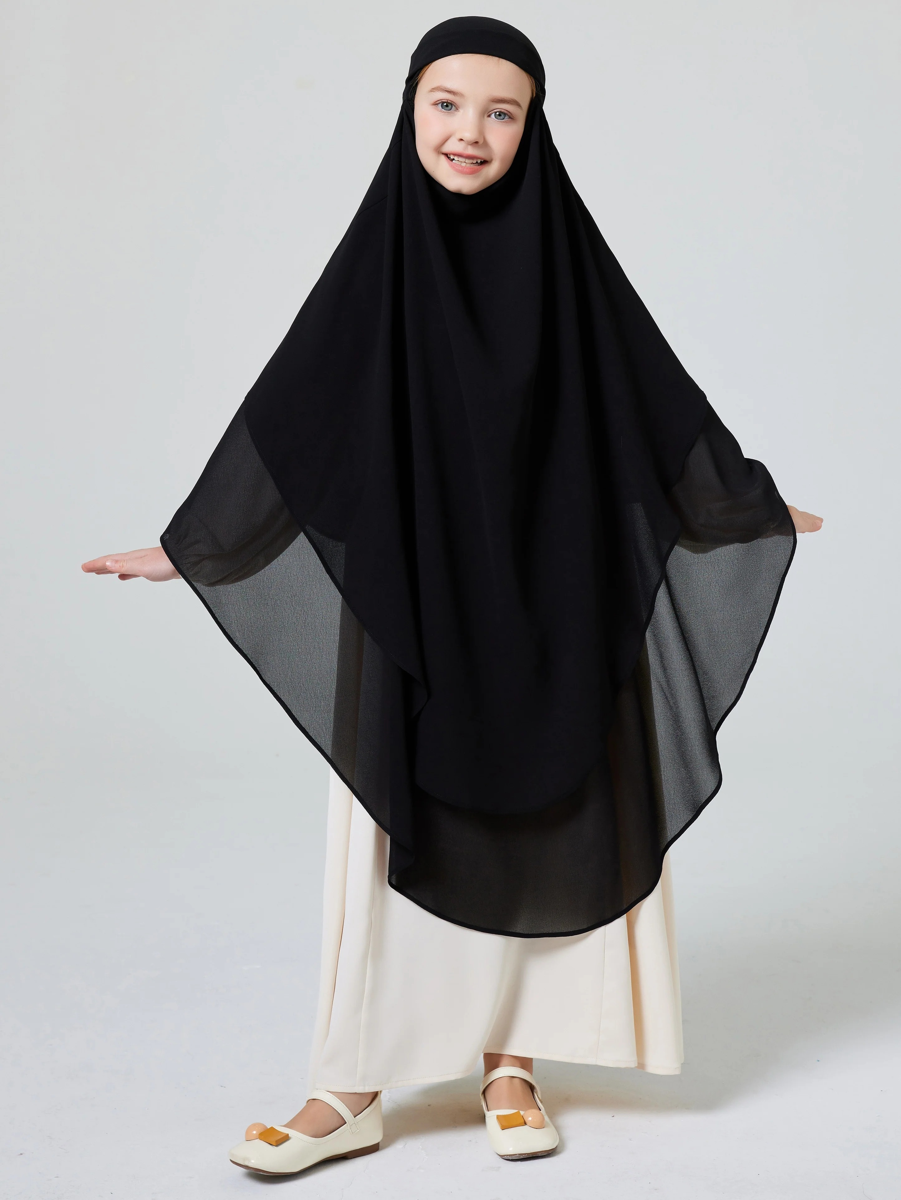 Ramadan Middle Eastern Muslim Girls Hijab Button Front and Back Double Chiffon B